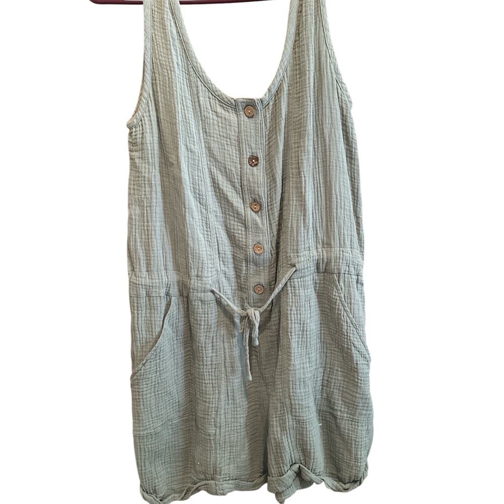 Pinch Linen Button-Front Romper in mint green